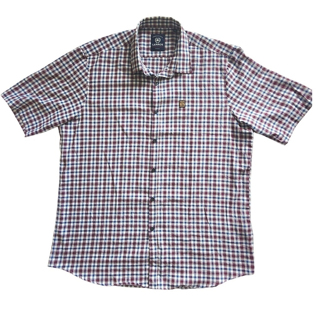 Lerros Mens Short Sleeve Plaid Button Down Shirt Burgundy‎ Navy 100% Cotton XL